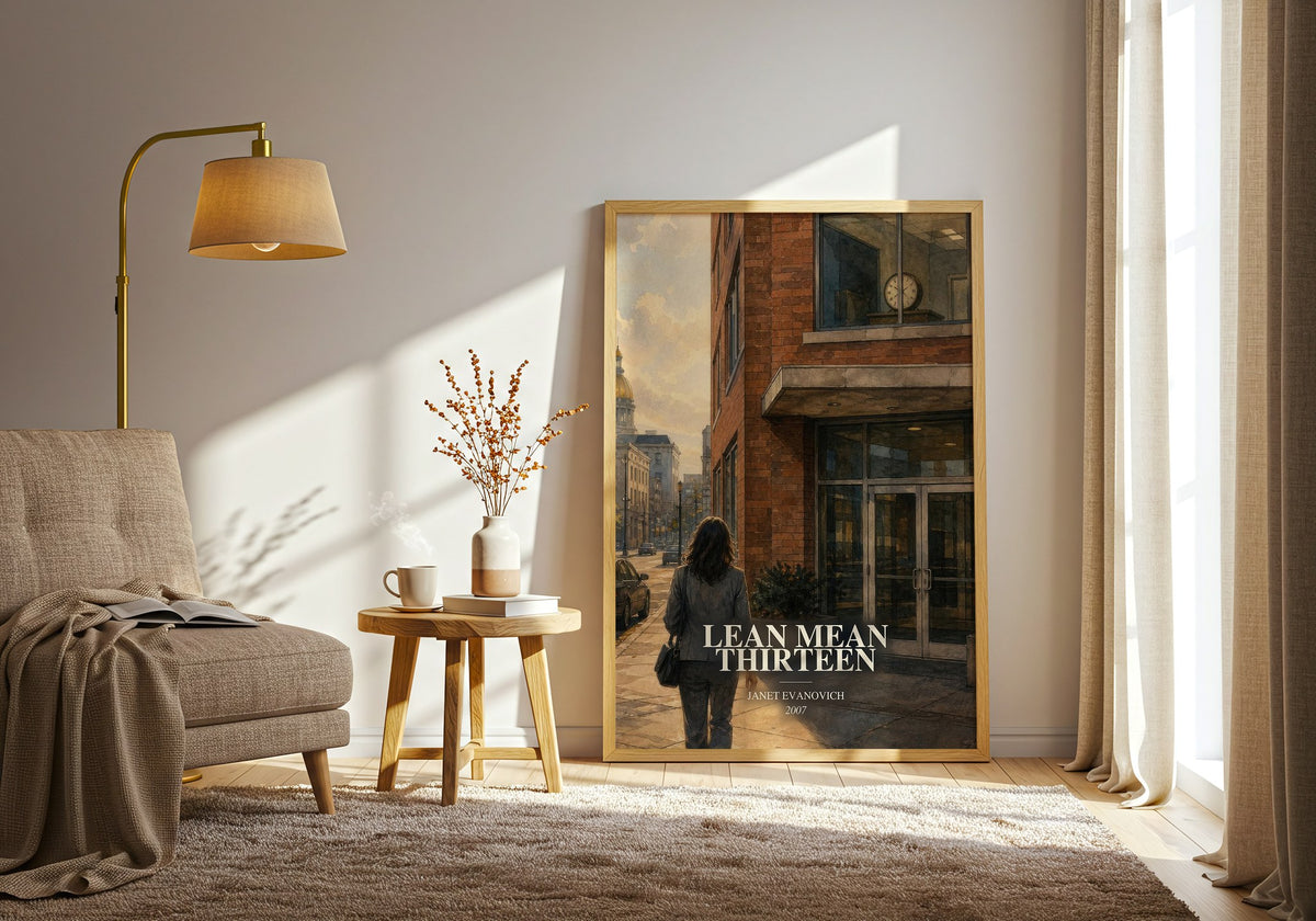 Lean Mean Thirteen watercolour print in frame leaning in hallway – mystery wall art (mockup)