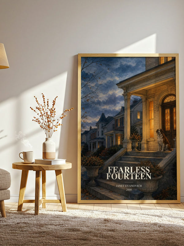 Fearless Fourteen watercolour print in frame leaning in hallway – mystery wall art