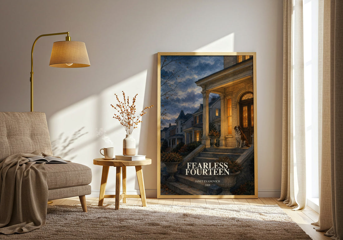 Fearless Fourteen watercolour print in frame leaning in hallway – mystery wall art (mockup)