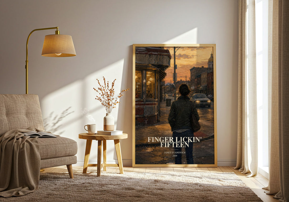 Finger Lickin' Fifteen watercolour print in frame leaning in hallway – crime wall art (mockup)