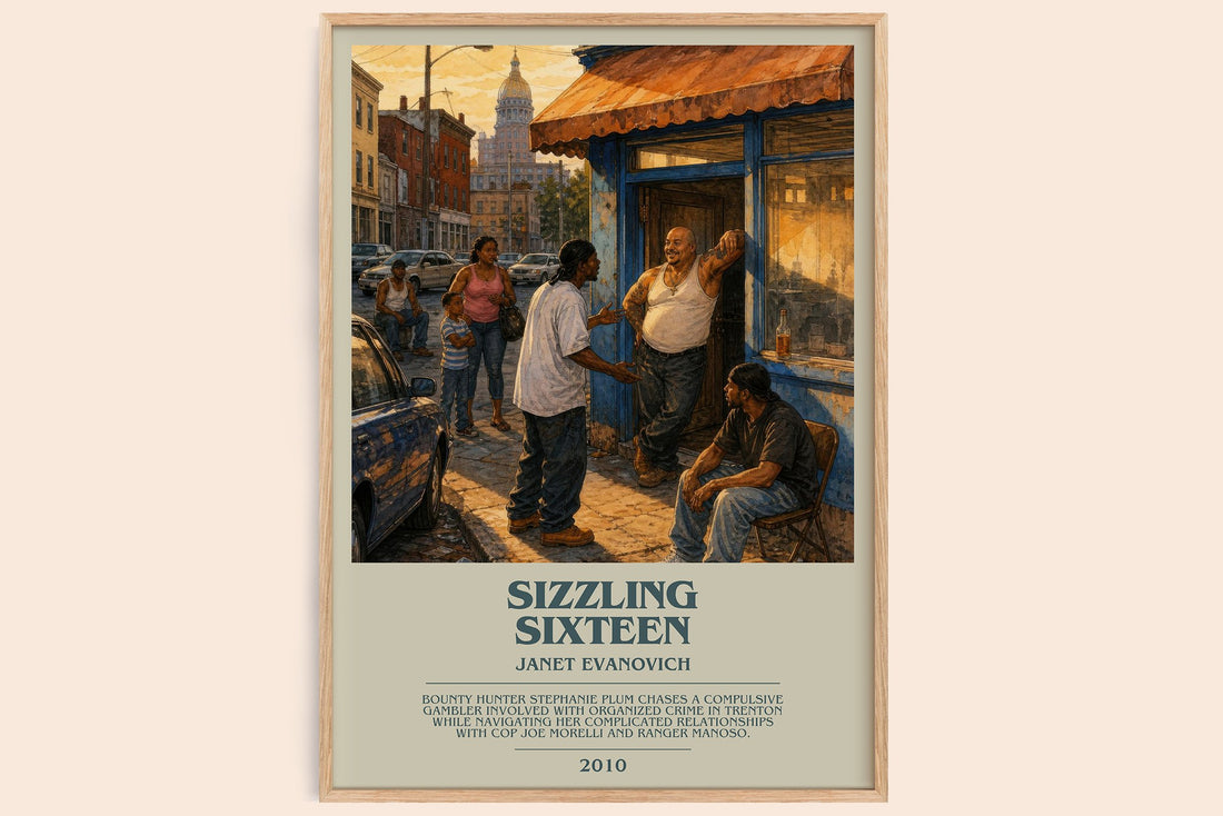 Sizzling Sixteen bookish book poster by Janet Evanovich – framed literary art print