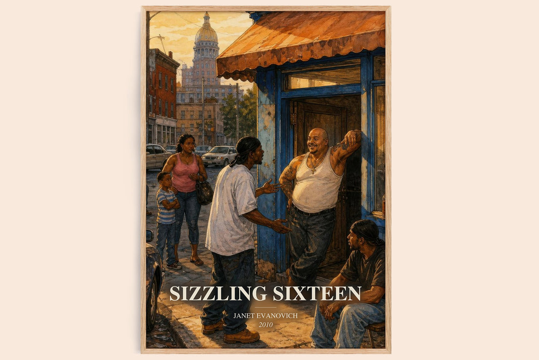 Sizzling Sixteen watercolour book poster by Janet Evanovich – framed literary art print