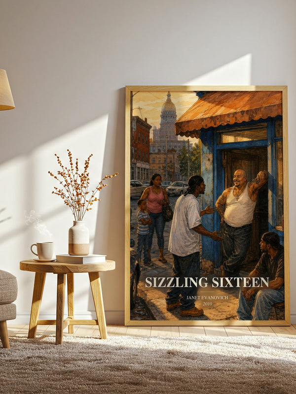 Sizzling Sixteen watercolour print in frame leaning in hallway – mystery wall art
