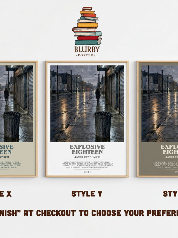 Explosive Eighteen bookish print in frame leaning in hallway – crime wall art
