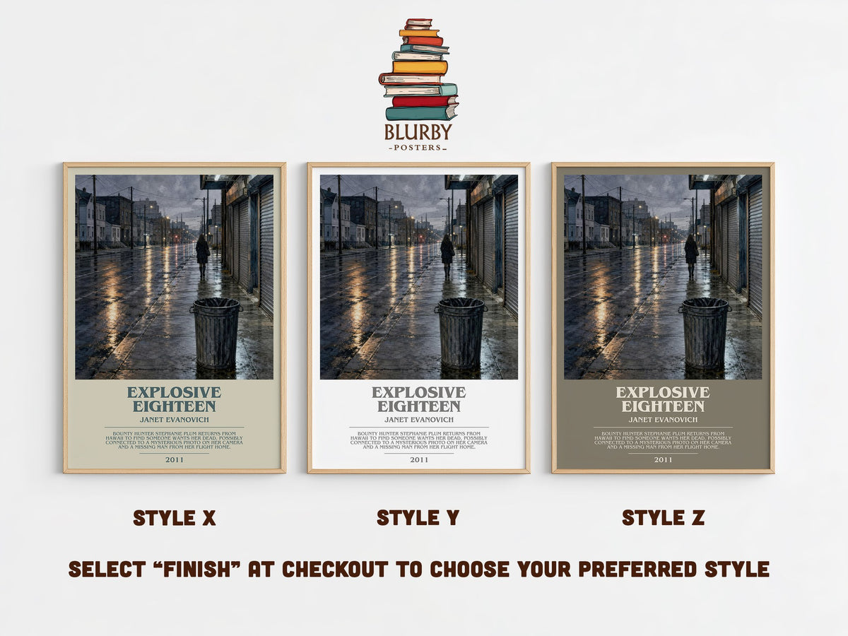 Explosive Eighteen bookish print in frame leaning in hallway – crime wall art (mockup)