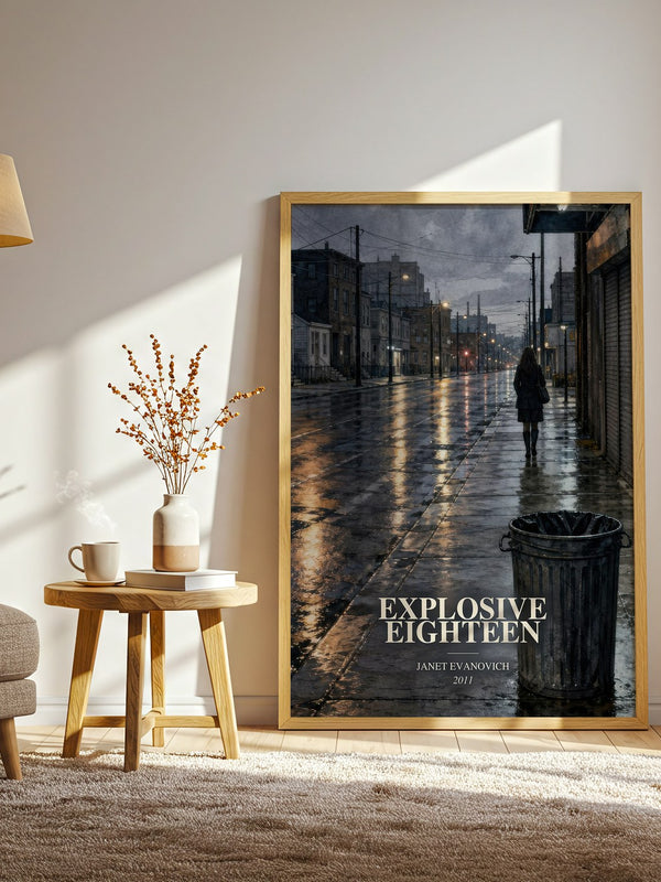 Explosive Eighteen watercolour print in frame leaning in hallway – crime wall art