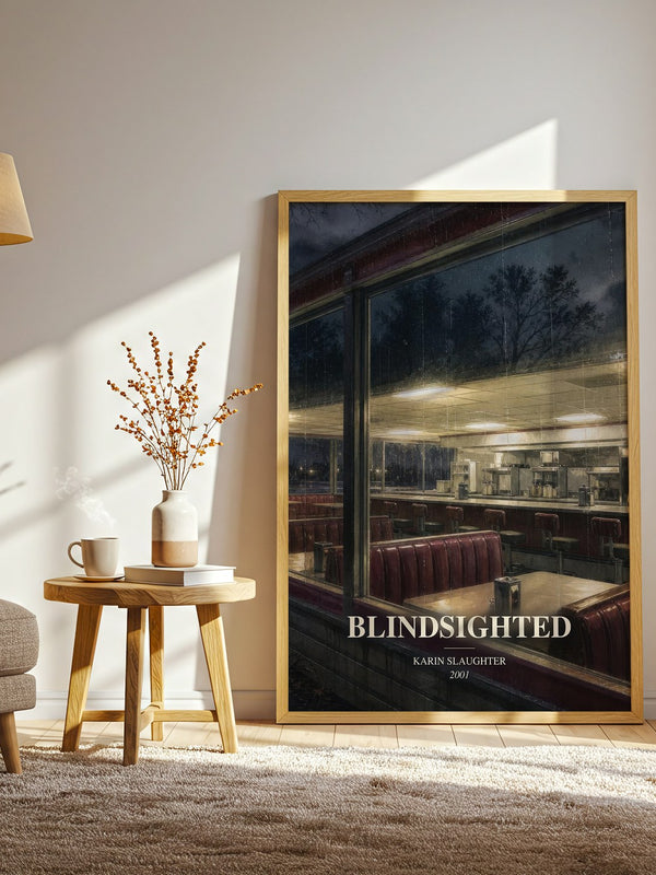 Blindsighted watercolour print in frame leaning in hallway – crime wall art