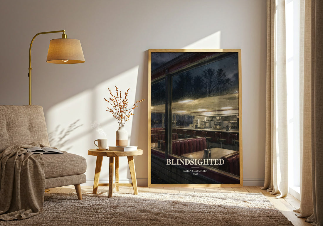 Blindsighted watercolour print in frame leaning in hallway – crime wall art (mockup)