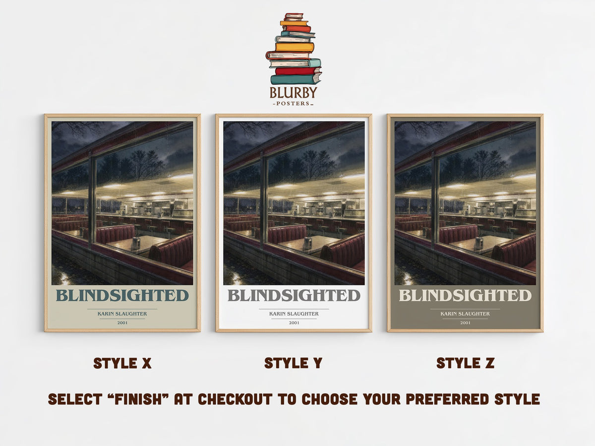 Blindsighted book cover print in frame leaning in hallway – crime wall art (mockup)