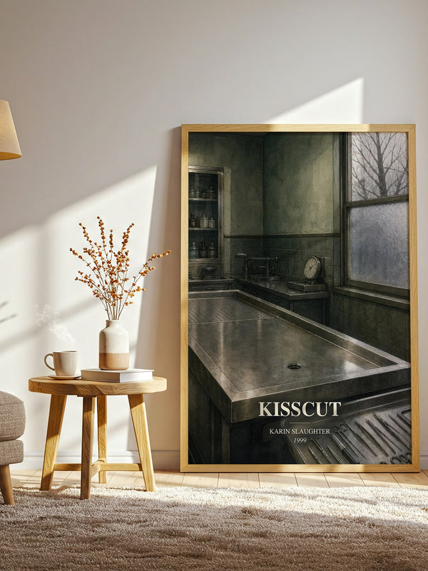 Kisscut watercolour print in frame leaning in hallway – crime wall art