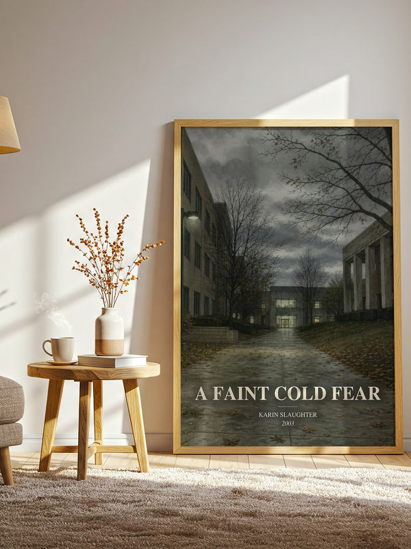 A Faint Cold Fear watercolour print in frame leaning in hallway – crime wall art