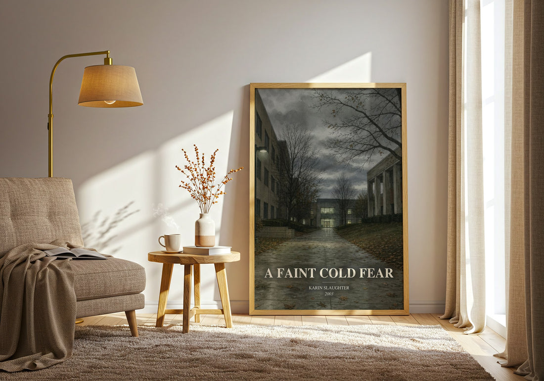 A Faint Cold Fear watercolour print in frame leaning in hallway – crime wall art (mockup)