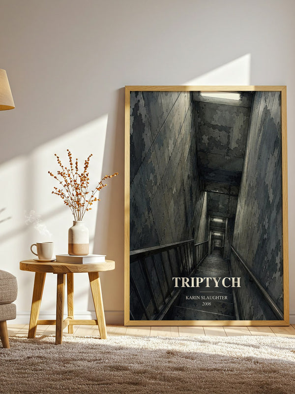 Triptych watercolour print in frame leaning in hallway – crime wall art