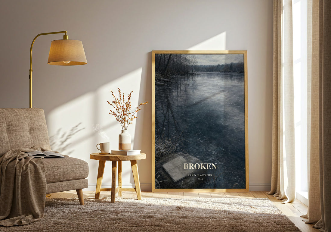 Broken watercolour print in frame leaning in hallway – crime wall art