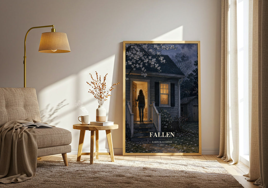 Fallen watercolour print in frame leaning in hallway – crime wall art (mockup)
