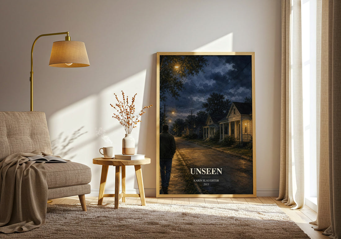 Unseen watercolour print in frame leaning in hallway – crime wall art (mockup)