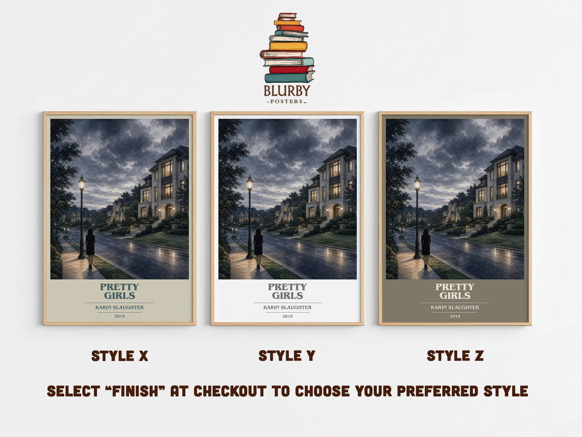 Pretty Girls book cover print in frame leaning in hallway – thriller wall art (mockup)