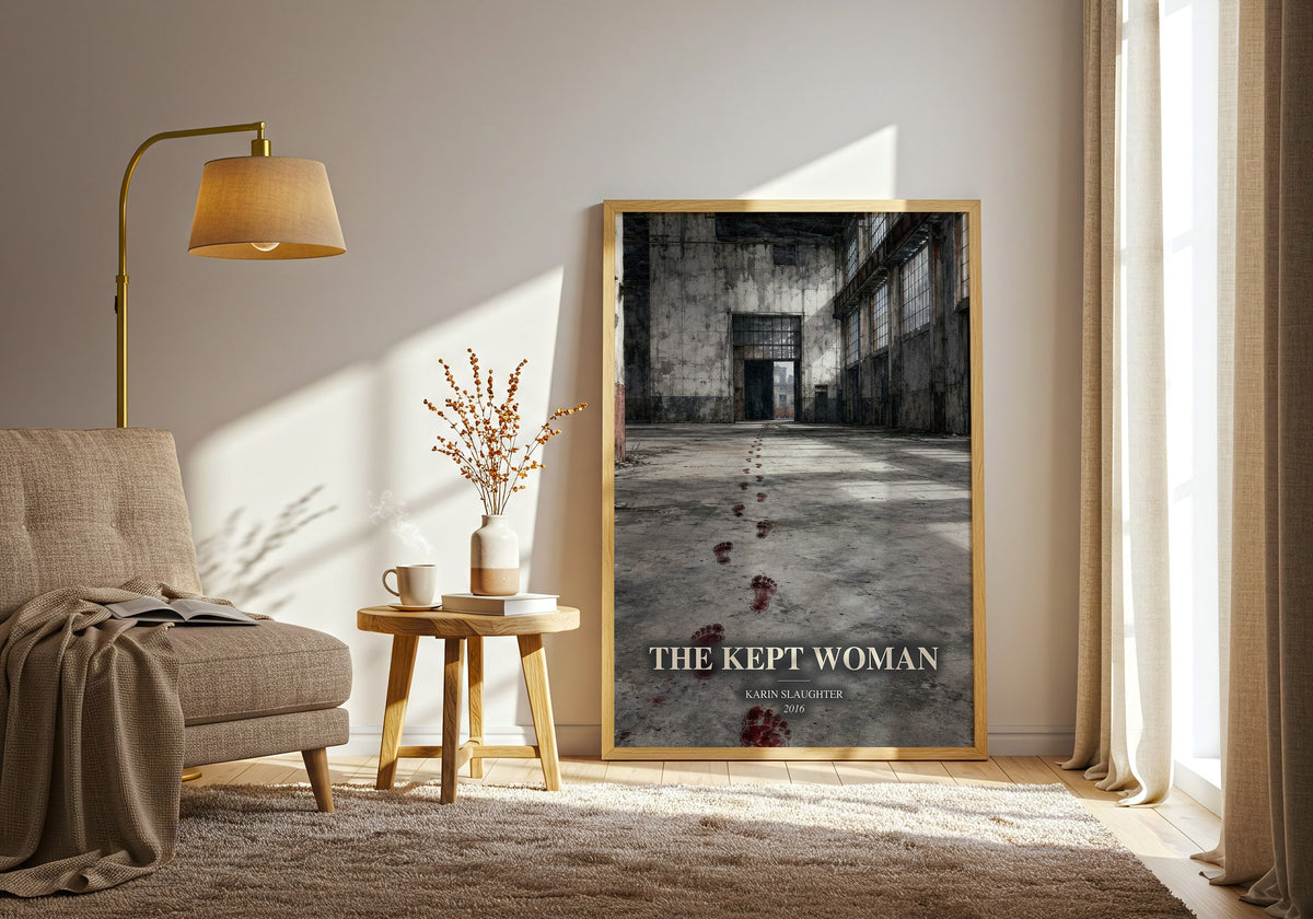 The Kept Woman watercolour print in frame leaning in hallway – crime wall art (mockup)