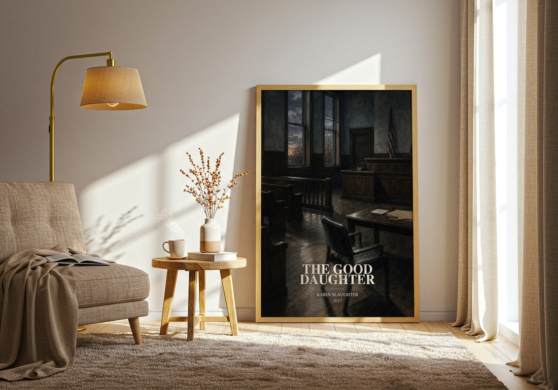 The Good Daughter watercolour print in frame leaning in hallway – legal thriller wall art (mockup)