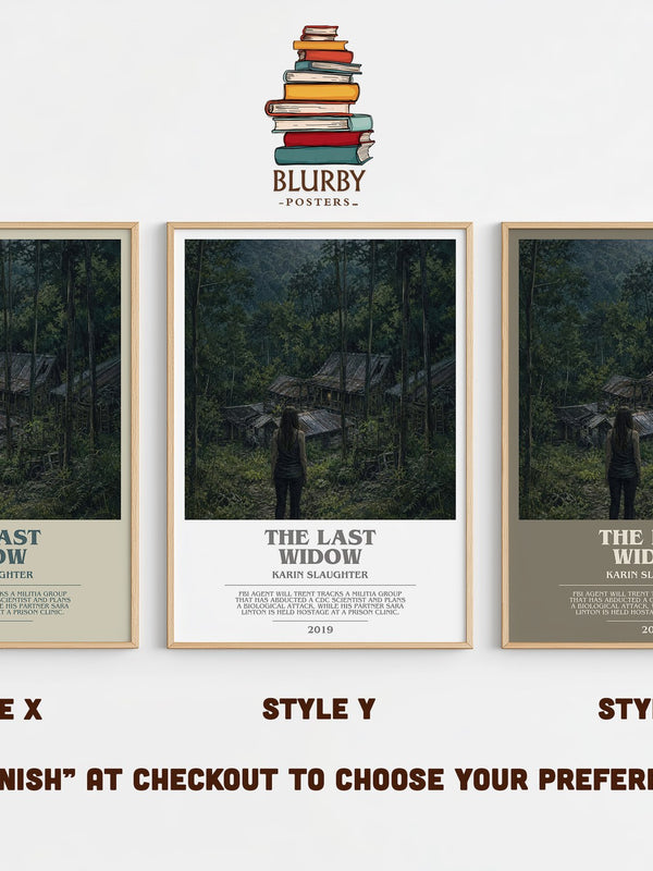 The Last Widow bookish print in frame leaning in hallway – thriller wall art
