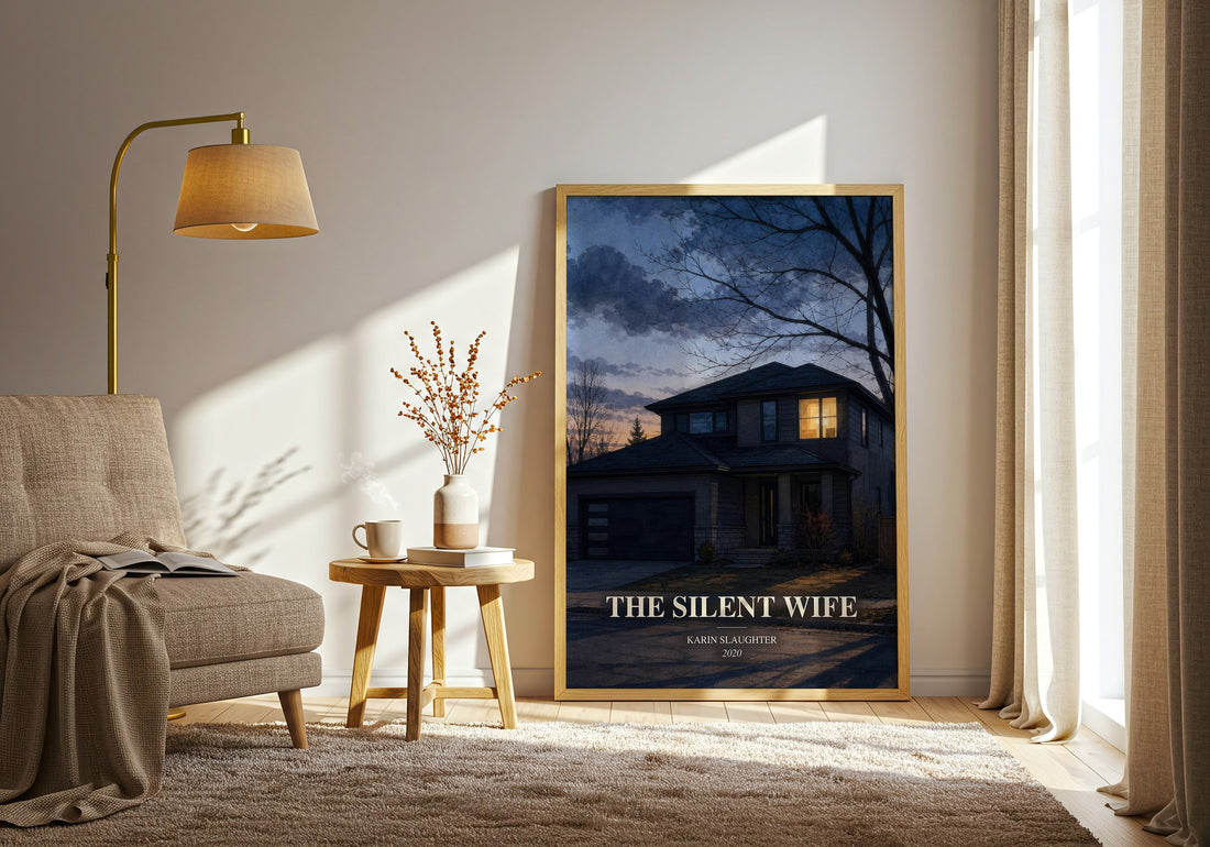 The Silent Wife watercolour print in frame leaning in hallway – thriller wall art (mockup)