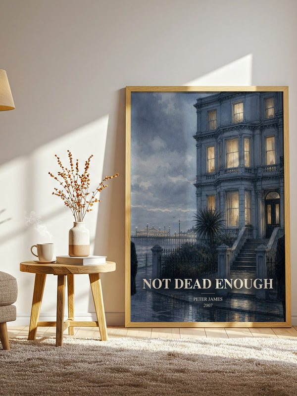 Not Dead Enough watercolour print in frame leaning in hallway – crime wall art