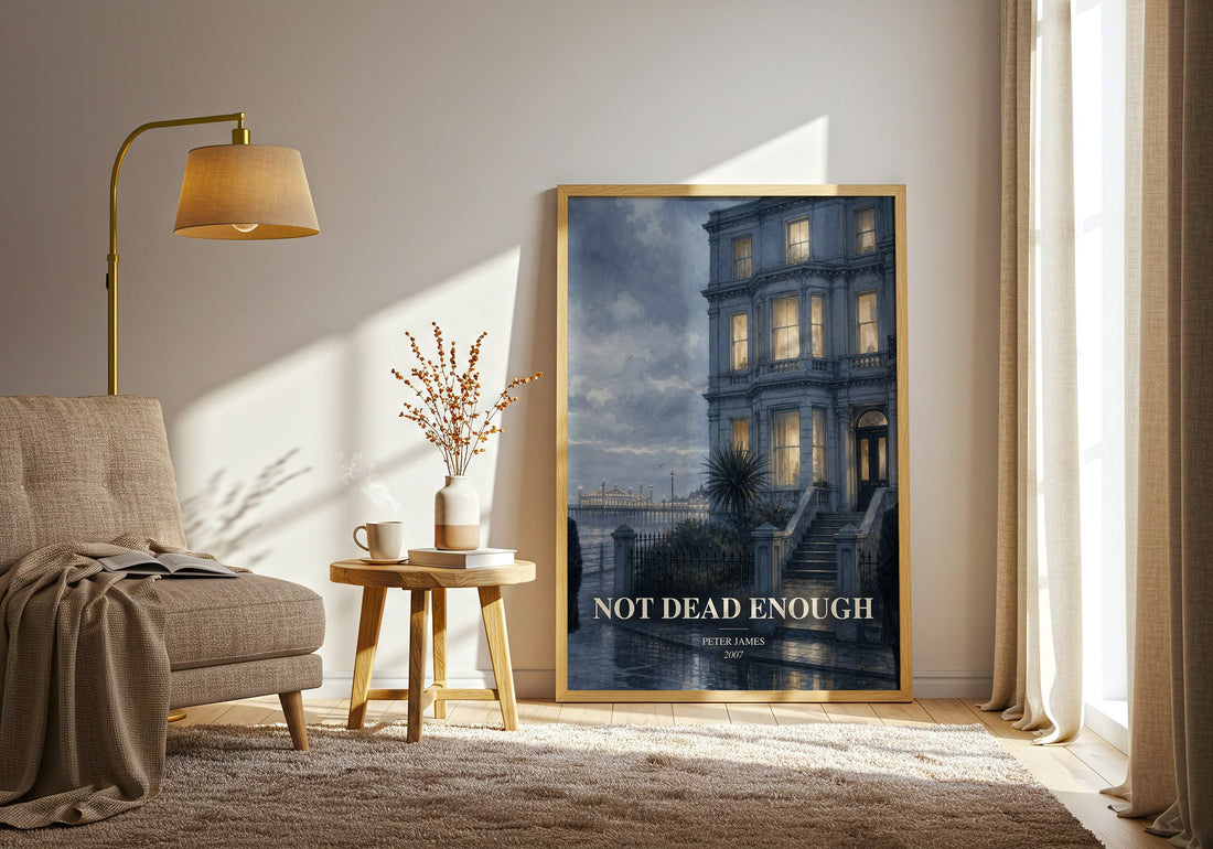Not Dead Enough watercolour print in frame leaning in hallway – crime wall art (mockup)
