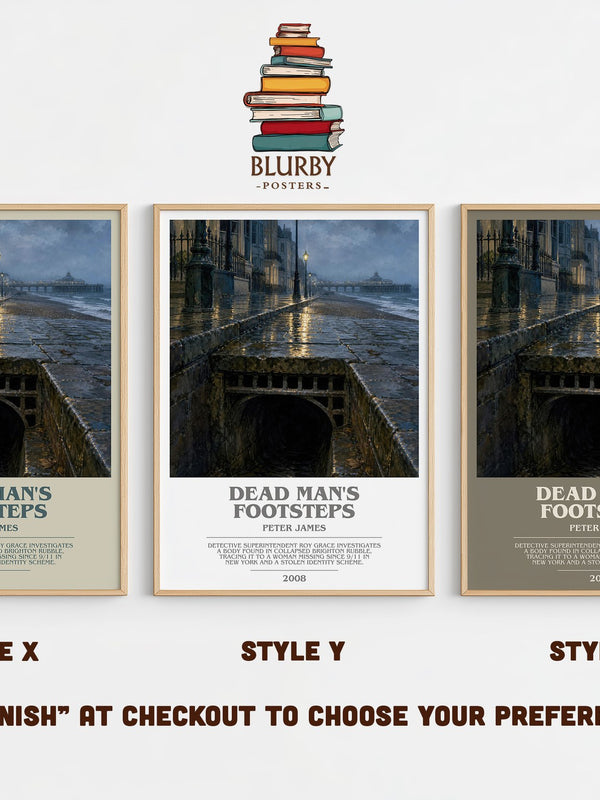 Dead Man's Footsteps bookish print in frame leaning in hallway – crime wall art