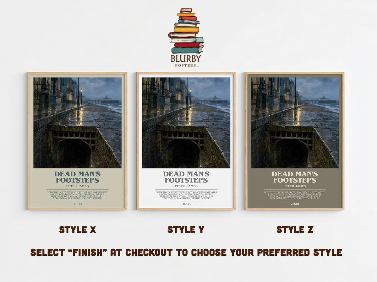 Dead Man's Footsteps bookish print in frame leaning in hallway – crime wall art (mockup)
