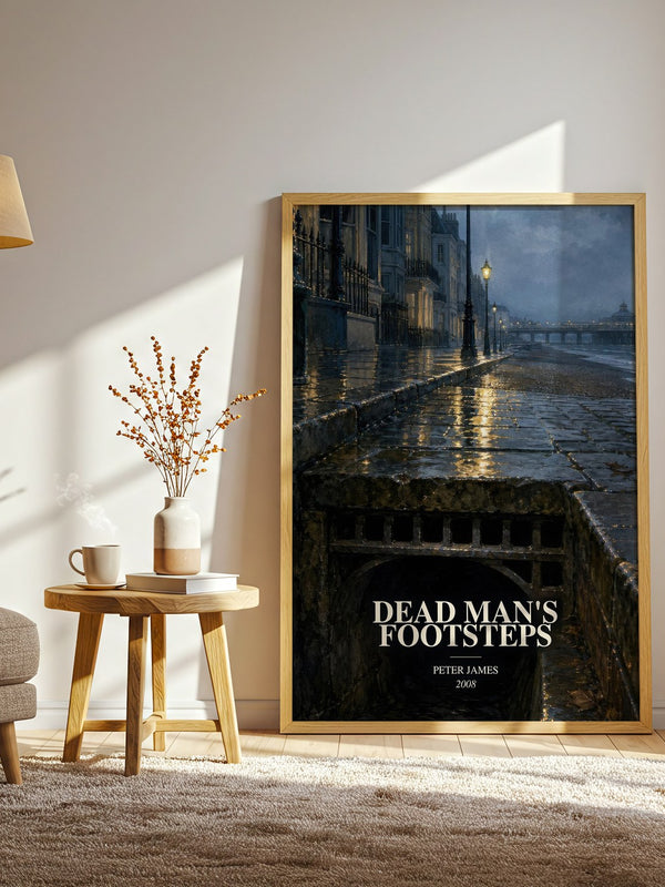 Dead Man's Footsteps watercolour print in frame leaning in hallway – crime wall art