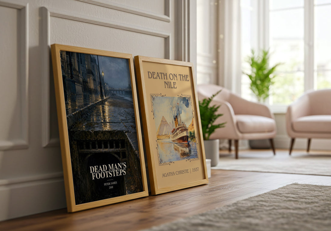 Dead Man's Footsteps watercolour print framed by window – literary home decor