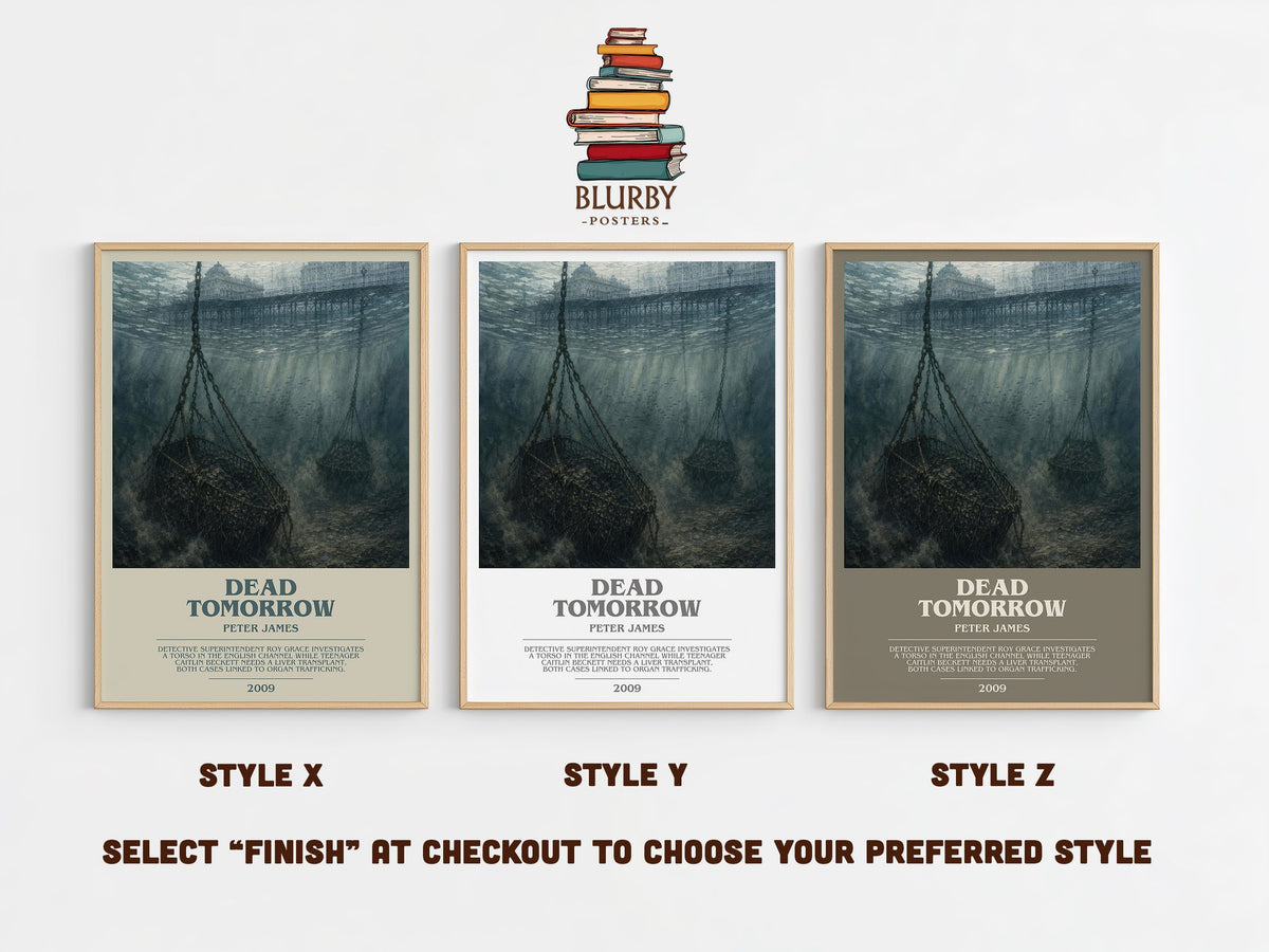 Dead Tomorrow bookish print in frame leaning in hallway – crime wall art (mockup)