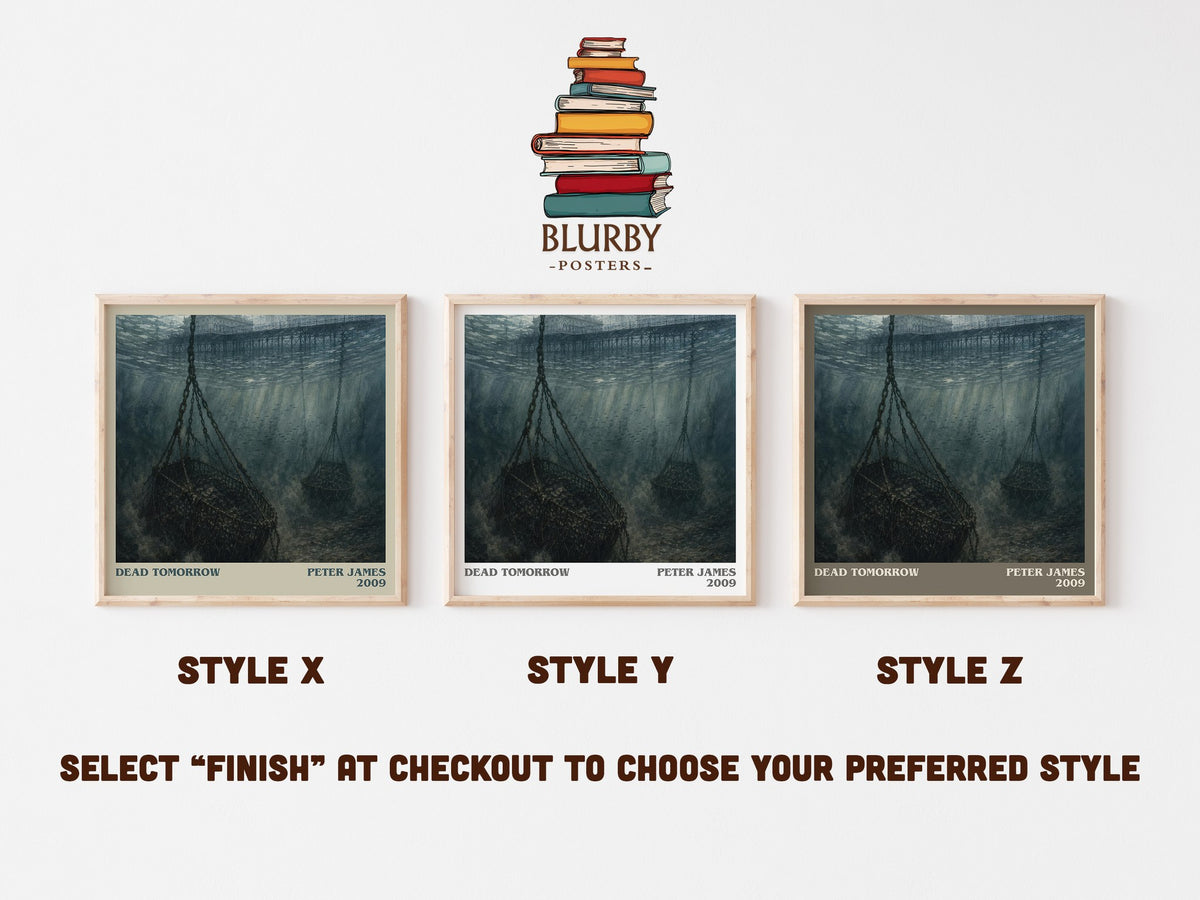 Dead Tomorrow literary print in frame leaning in hallway – crime wall art (mockup)
