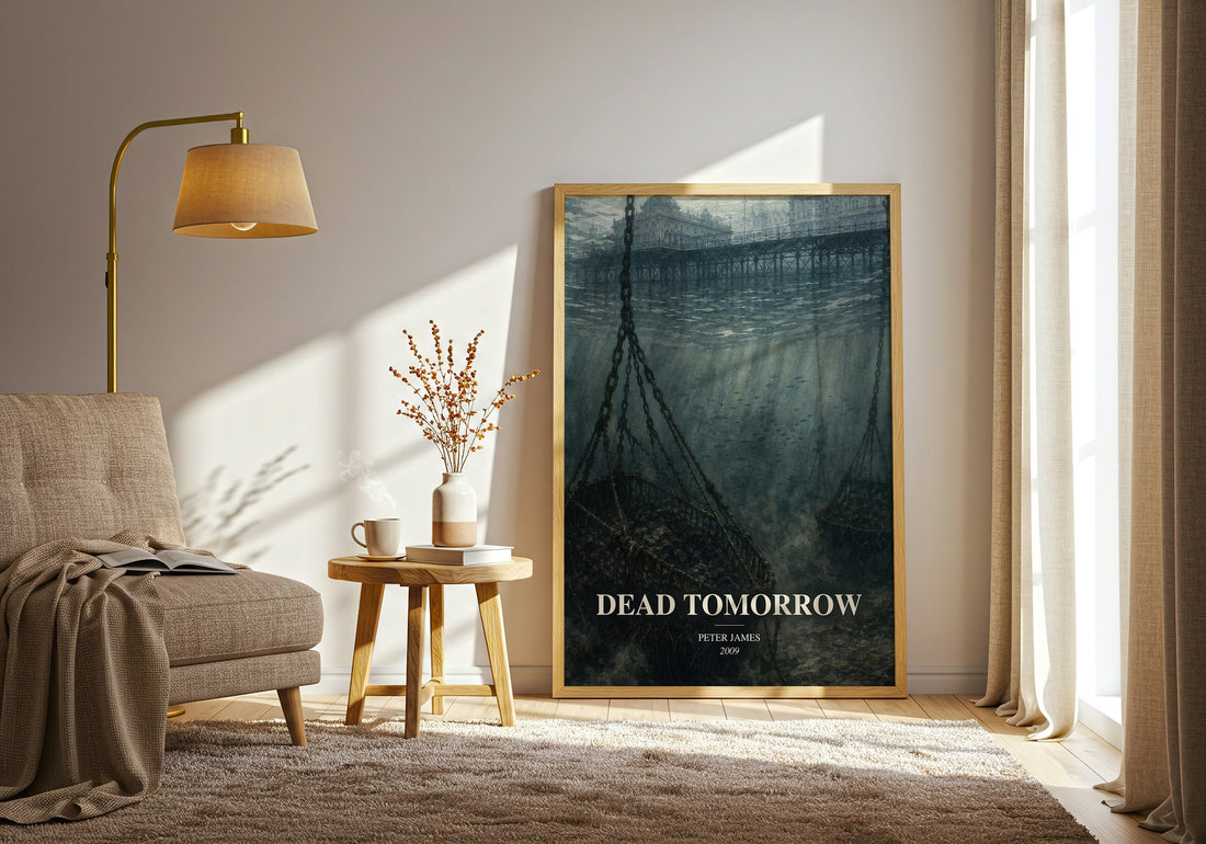 Dead Tomorrow watercolour print in frame leaning in hallway – crime wall art (mockup)