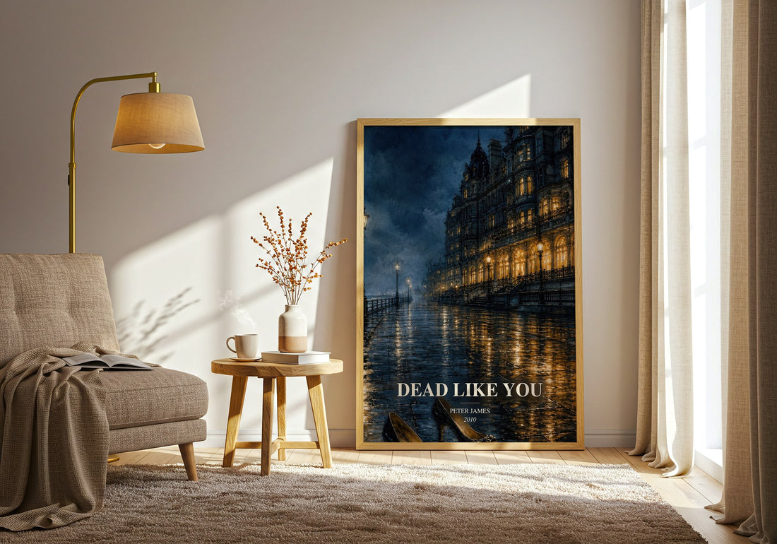 Dead Like You watercolour print in frame leaning in hallway – crime wall art (mockup)