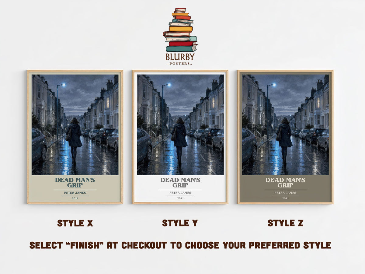 Dead Man's Grip book cover print in frame leaning in hallway – crime wall art (mockup)