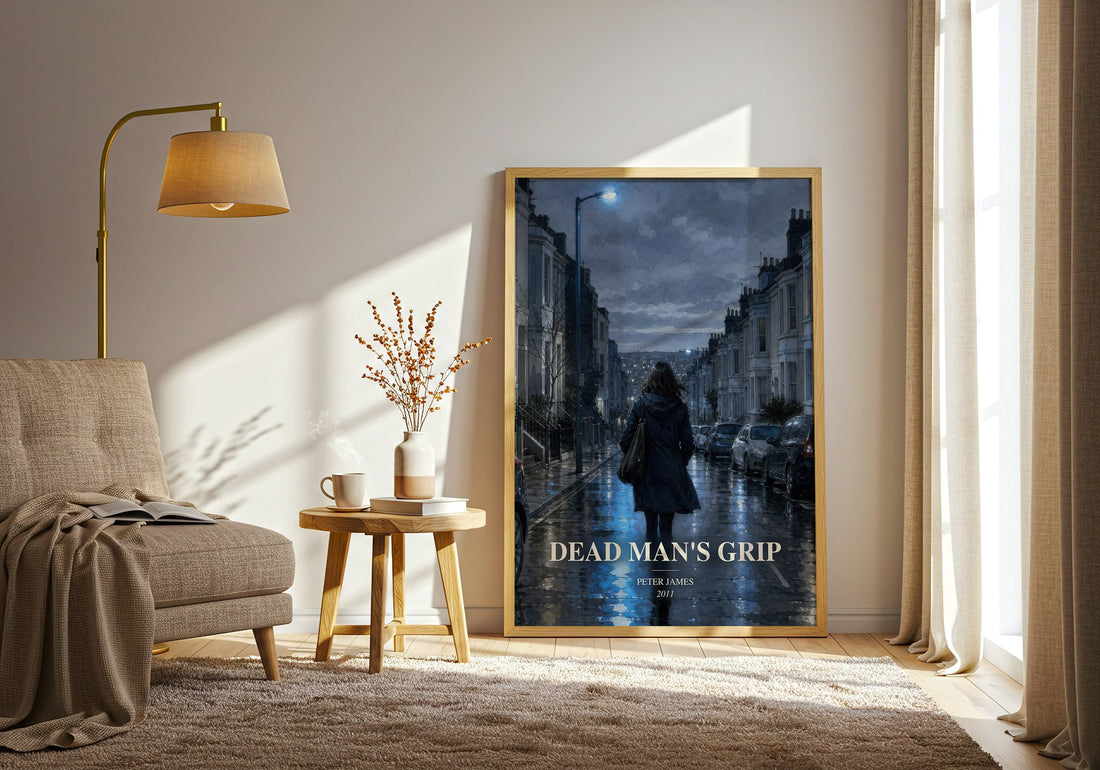 Dead Man's Grip watercolour print in frame leaning in hallway – crime wall art (mockup)