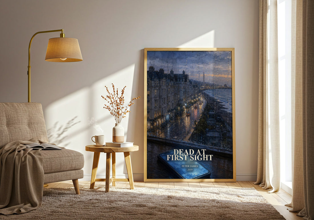 Dead at First Sight watercolour print in frame leaning in hallway – crime wall art (mockup)