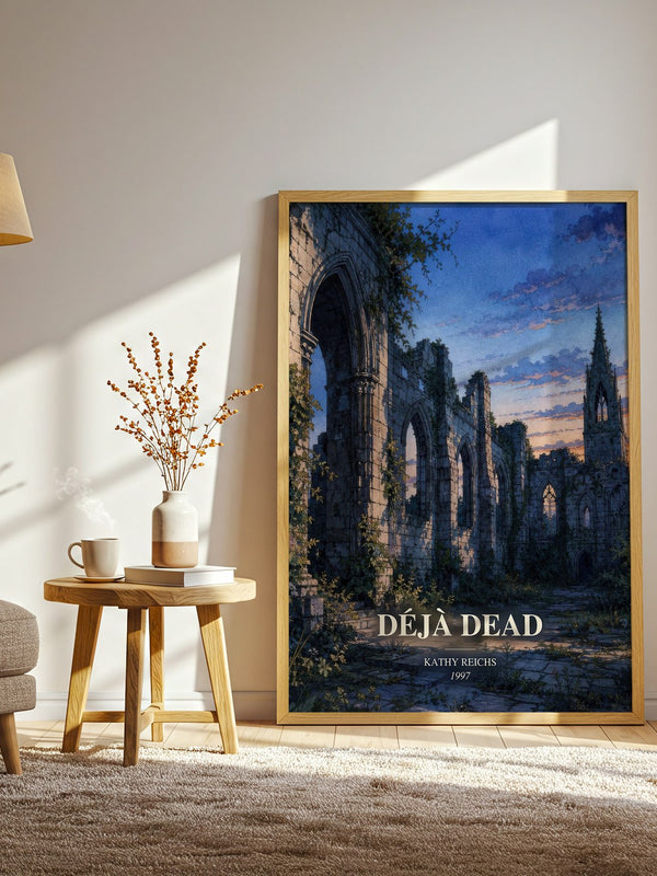 Déjà Dead watercolour print in frame leaning in hallway – crime wall art