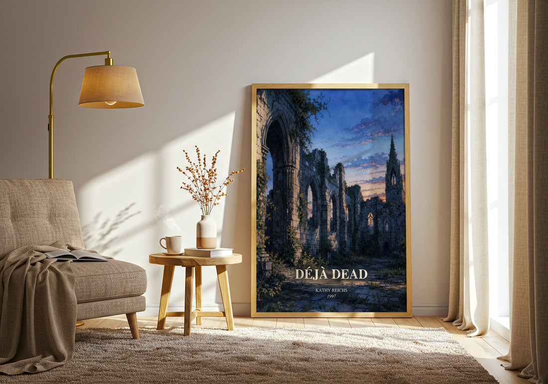 Déjà Dead watercolour print in frame leaning in hallway – crime wall art (mockup)