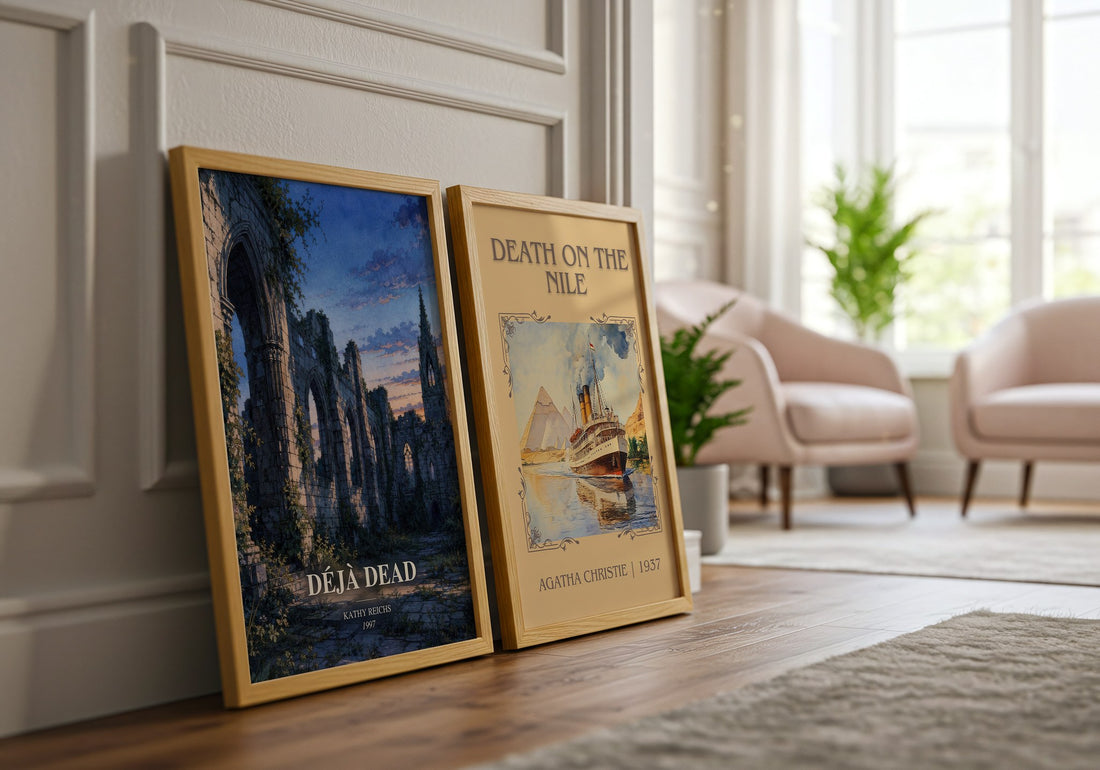 Déjà Dead watercolour print framed by window – literary home decor