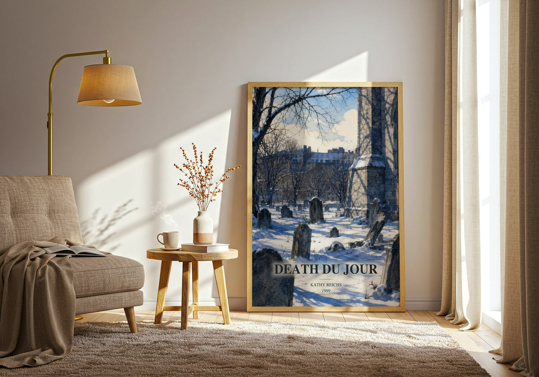 Death du Jour watercolour print in frame leaning in hallway – crime wall art (mockup)