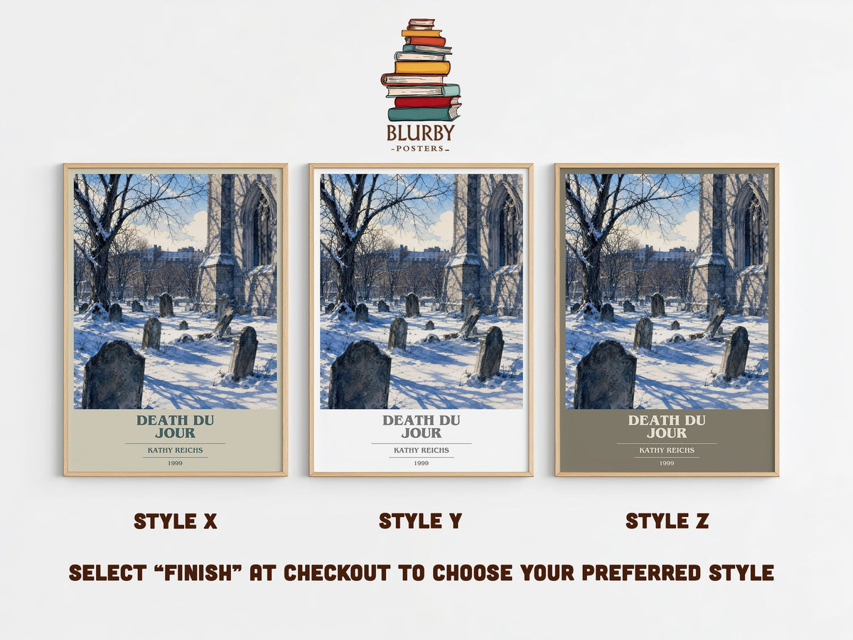 Death du Jour book cover print in frame leaning in hallway – crime wall art (mockup)