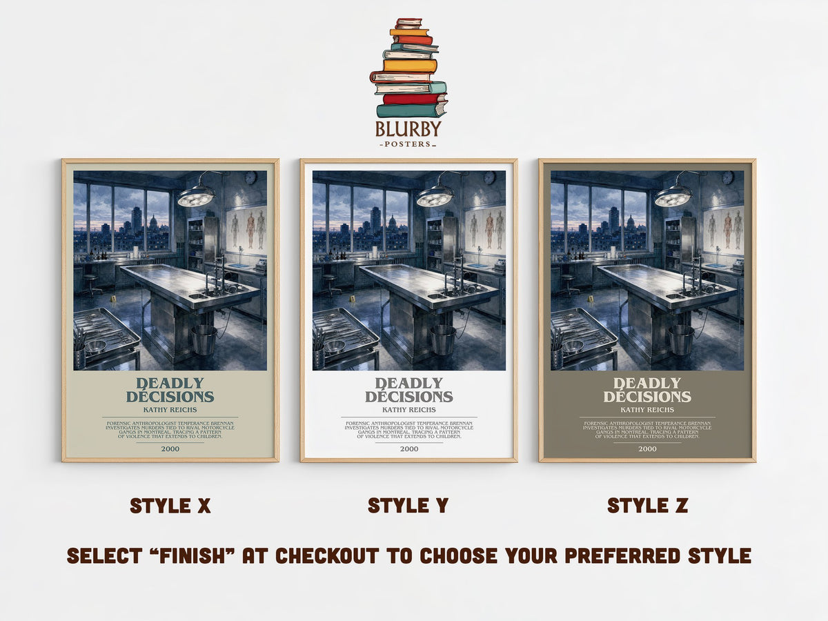 Deadly Décisions bookish print in frame leaning in hallway – crime wall art (mockup)