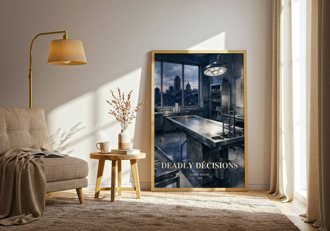 Deadly Décisions watercolour print in frame leaning in hallway – crime wall art (mockup)