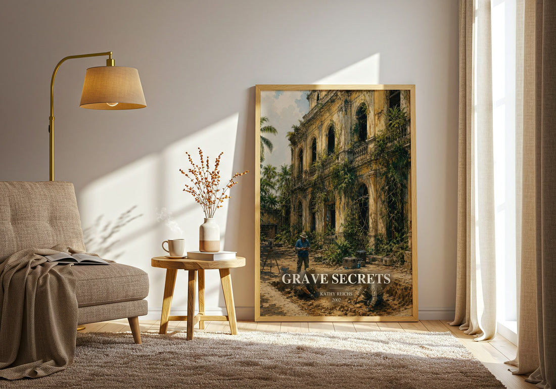 Grave Secrets watercolour print in frame leaning in hallway – crime wall art (mockup)