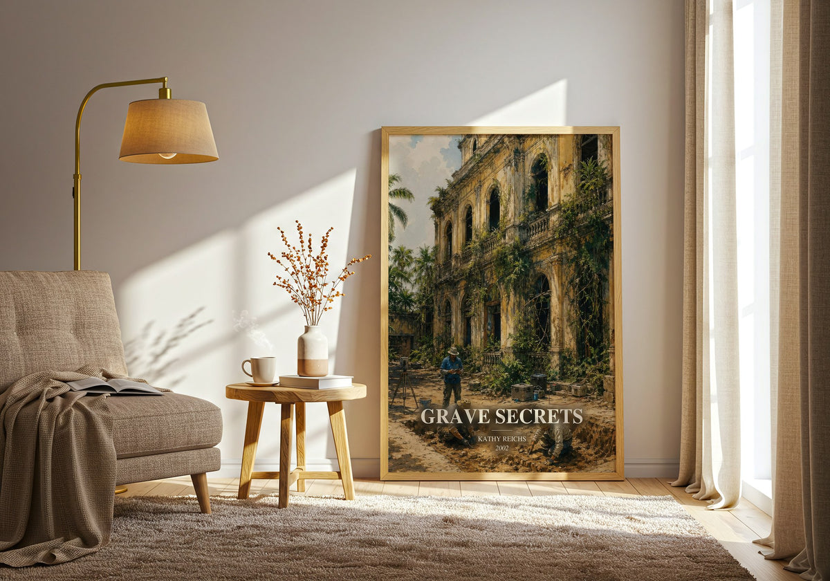 Grave Secrets watercolour print in frame leaning in hallway – crime wall art (mockup)
