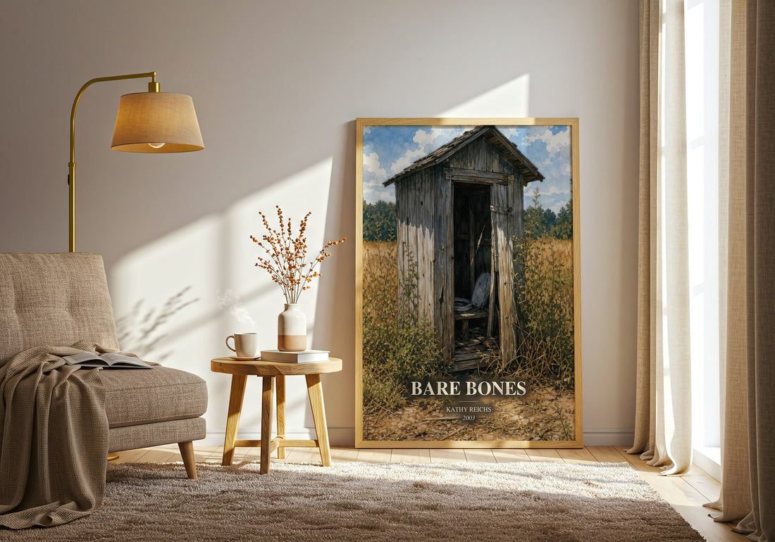 Bare Bones watercolour print in frame leaning in hallway – crime wall art (mockup)