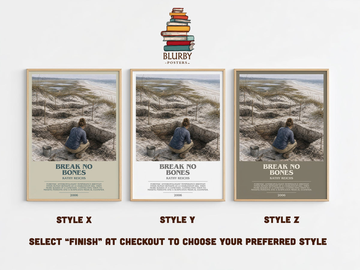 Break No Bones bookish print in frame leaning in hallway – crime wall art (mockup)