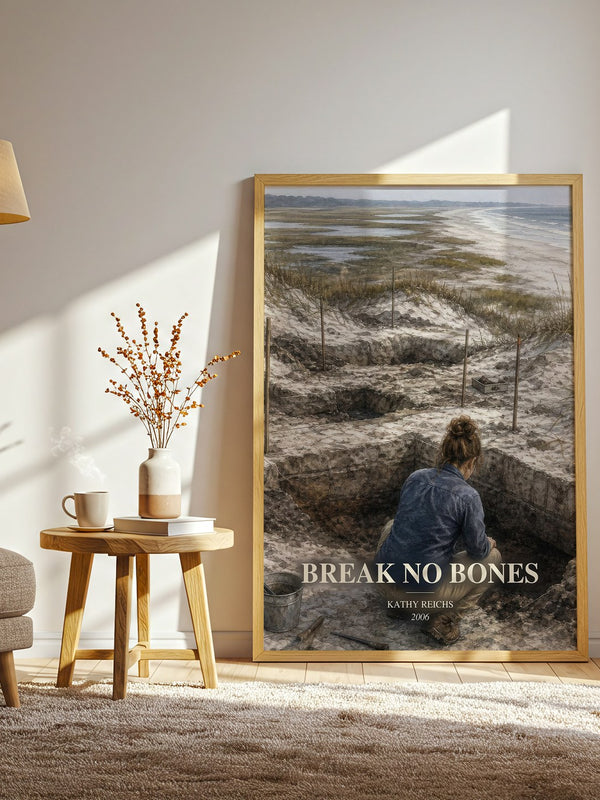 Break No Bones watercolour print in frame leaning in hallway – crime wall art